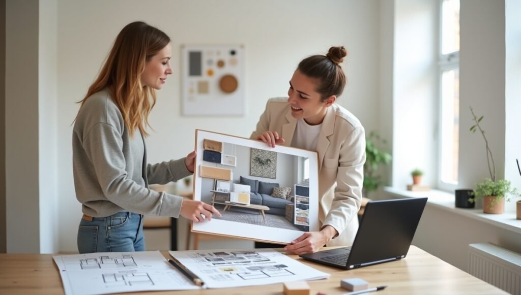 A professional interior designer in a minimalist studio, holding a mood board with fabric swatches and paint samples. Include a laptop showing a 3D living room render and sketches of furniture layouts.