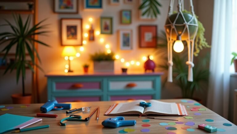 A vibrant, eclectic room showcasing multiple DIY decor ideas: a gallery wall with mixed frames, a upcycled furniture piece (e.g., painted dresser), fairy lights draped over a macramé plant hanger, and a DIY pendant lamp. Include a crafting toolkit (scissors, paintbrushes, glue gun) in the foreground.