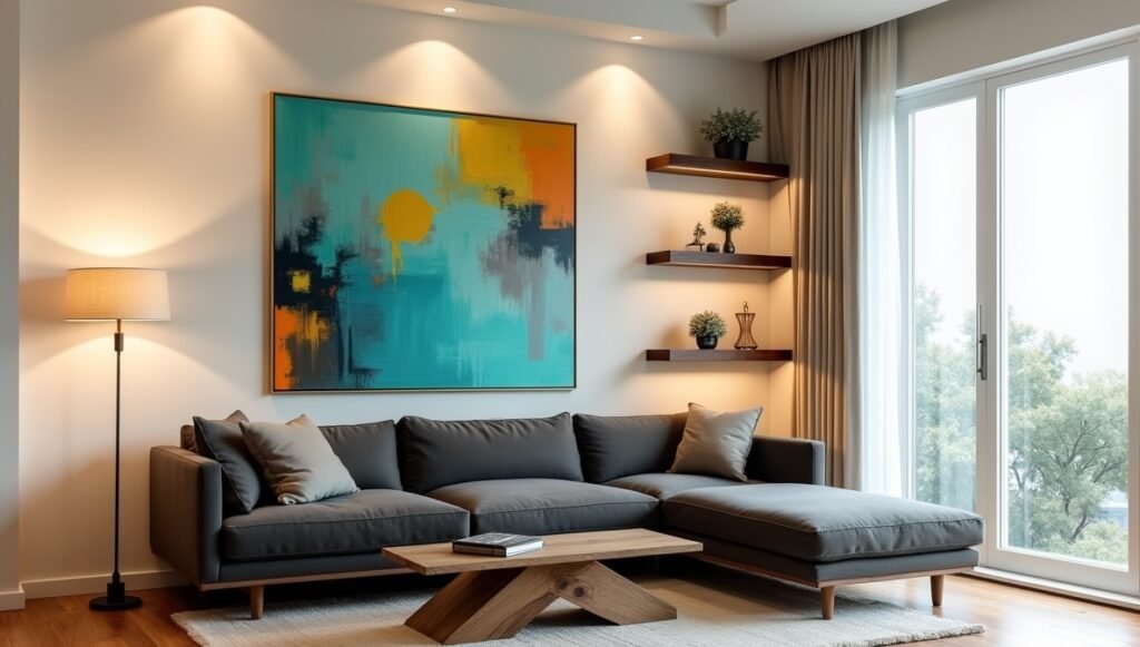 A small living room with a U-shaped sofa, diagonal coffee table, and floating shelves. Highlight clear walking paths and a large abstract painting as the focal point.