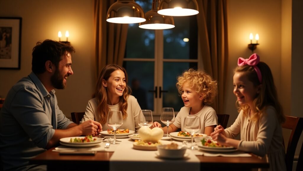 A dining area with pendant lights, wall sconces, and candlelight casting warm glows. Show a family laughing over dinner.