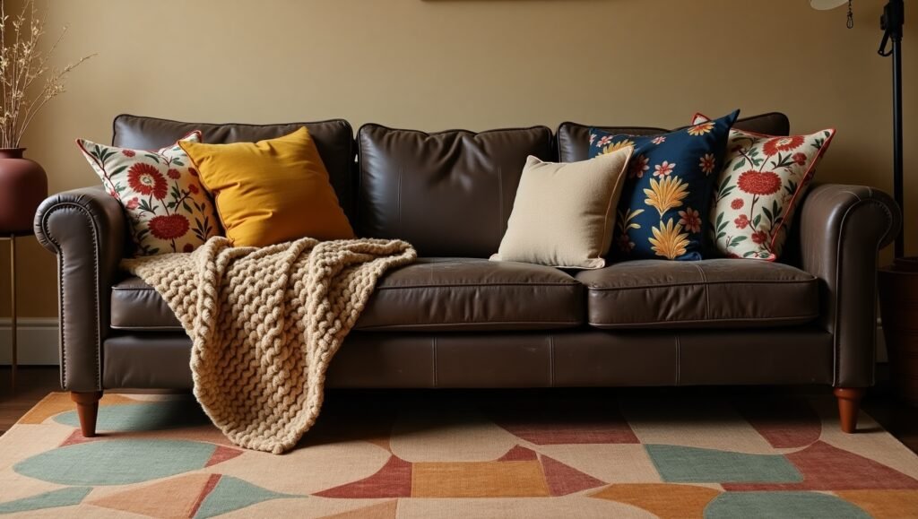 Close-up of a living room corner: leather sofa, chunky knit throw, geometric rug, and floral pillows in navy and mustard.