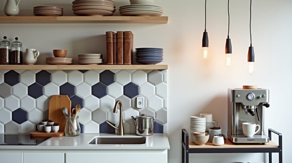 Modern kitchen with open shelving (ceramic dishes, cookbooks), geometric peel-and-stick backsplash, and a bar cart styled as a coffee station.