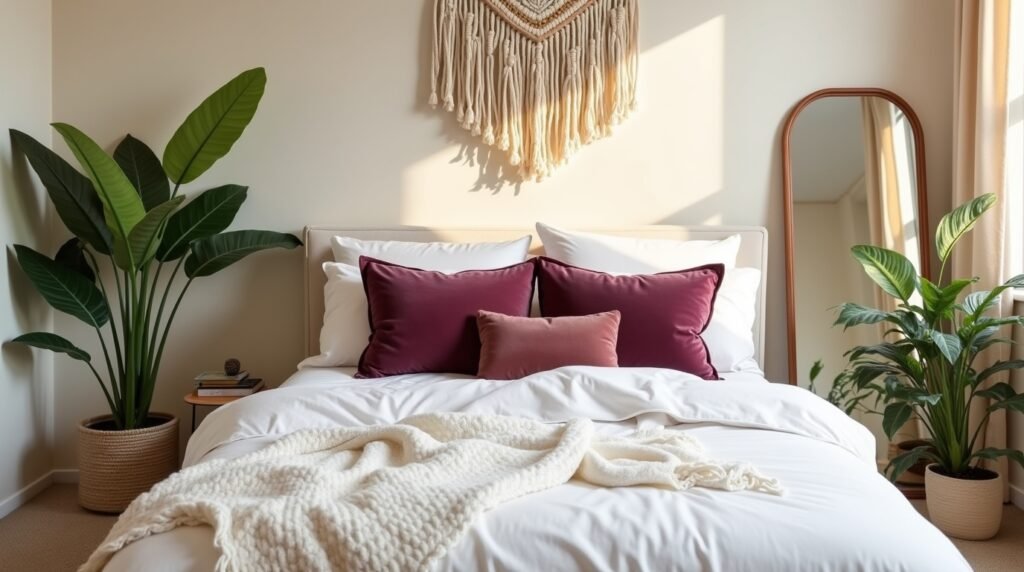 Tranquil bedroom with layered bedding (white sheets, quilt, velvet pillows), macramé wall hanging, and a floor mirror reflecting plants.