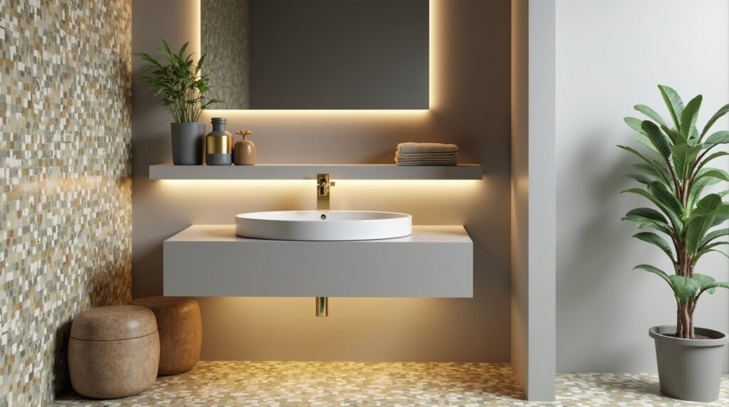 Spa-like bathroom with floating vanity, gold faucet, snake plant on a shelf, and terrazzo-patterned tiles.