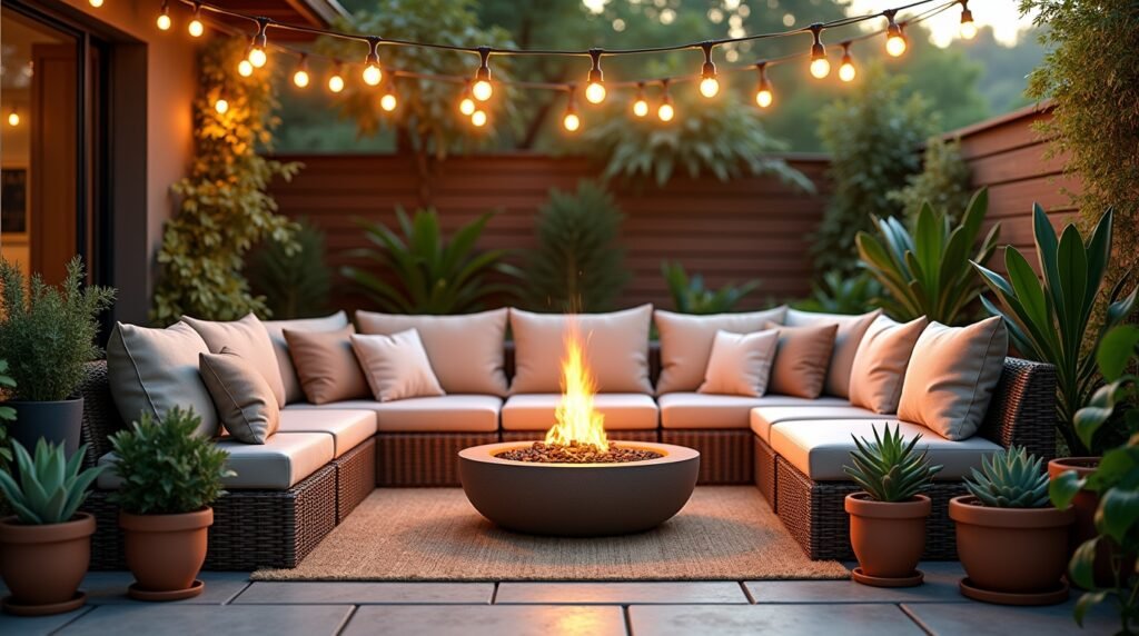 Cozy patio with modular rattan seating, solar-powered string lights, and a fire pit. Include potted succulents and a weather-resistant rug.