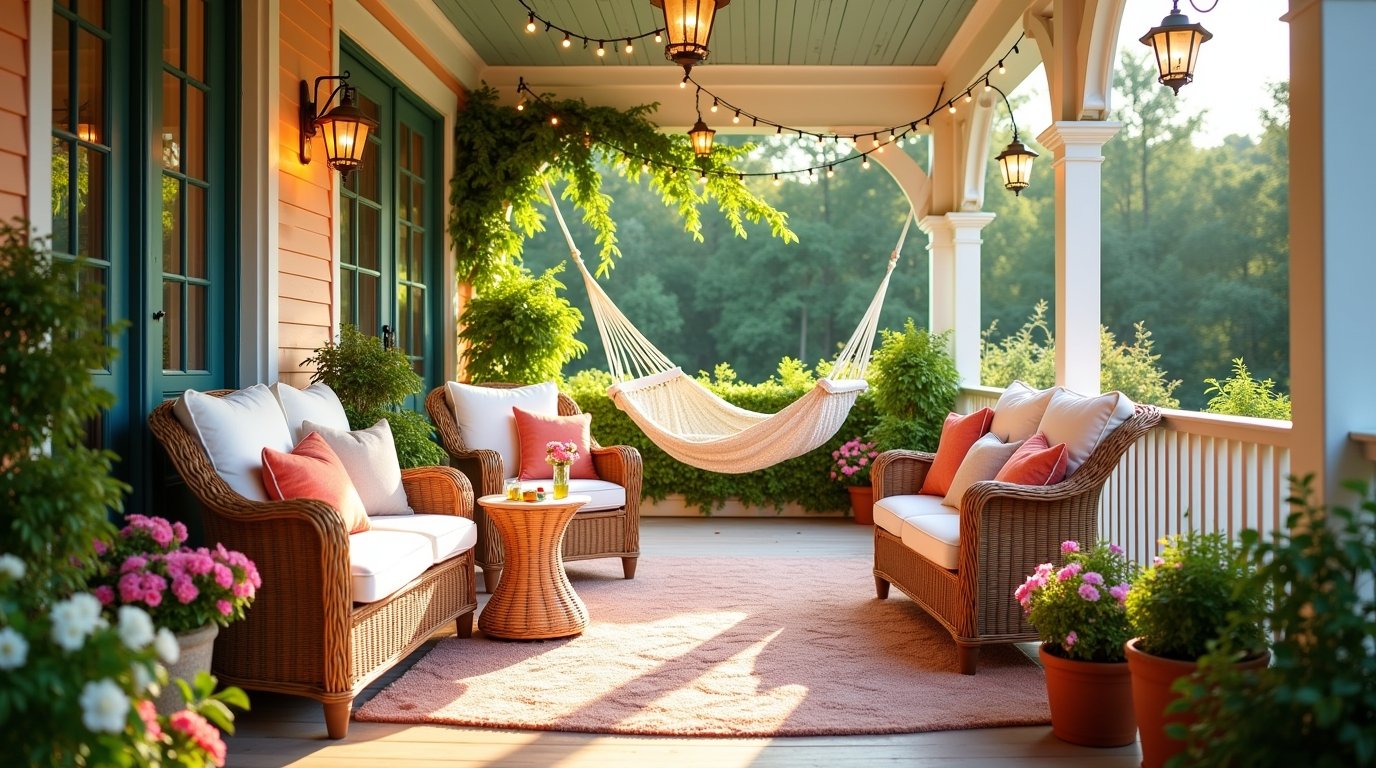 Vibrant, inviting summer front porch scene with comfortable seating like wicker chairs and a hammock, surrounded by lush plants, potted flowers, hanging lights, and a stylish outdoor rug. Include a cozy ambiance with pillows, a small table with drinks, and subtle lighting. The background should show a sunny day with clear skies and greenery, evoking a sense of relaxation, comfort, and joy. The porch should look like an ideal space to unwind, with warm, natural tones and pops of cheerful colors. A welcoming vibe with a blend of traditional and modern elements