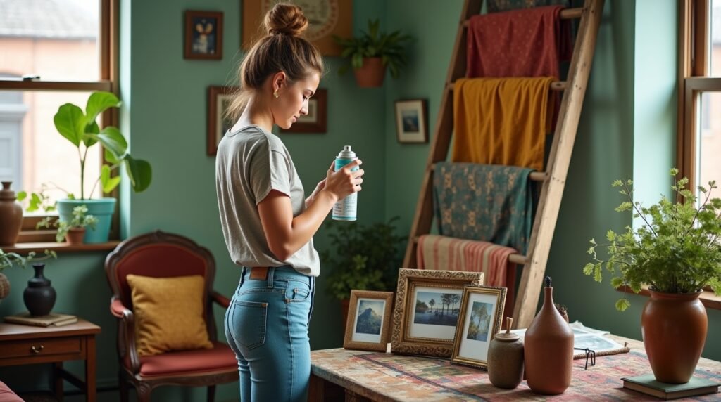 A person spray-painting a vintage ladder into a blanket rack in a boho living room. Show thrifted decor (frames, vases) nearby.