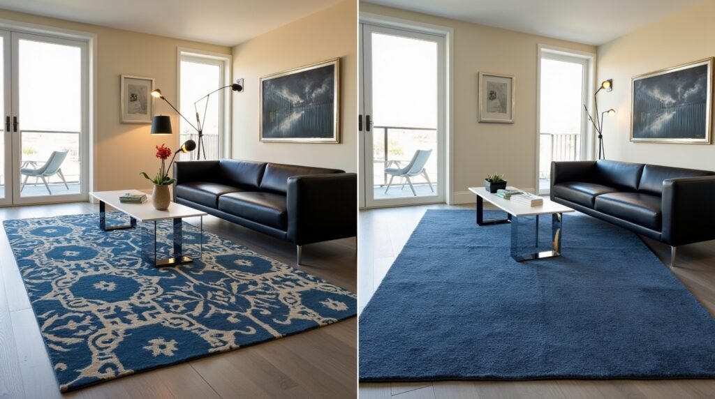Side-by-side comparison: a luxury designer rug (1000) and and an identical - looking budget dupe (100) in a modern living room.