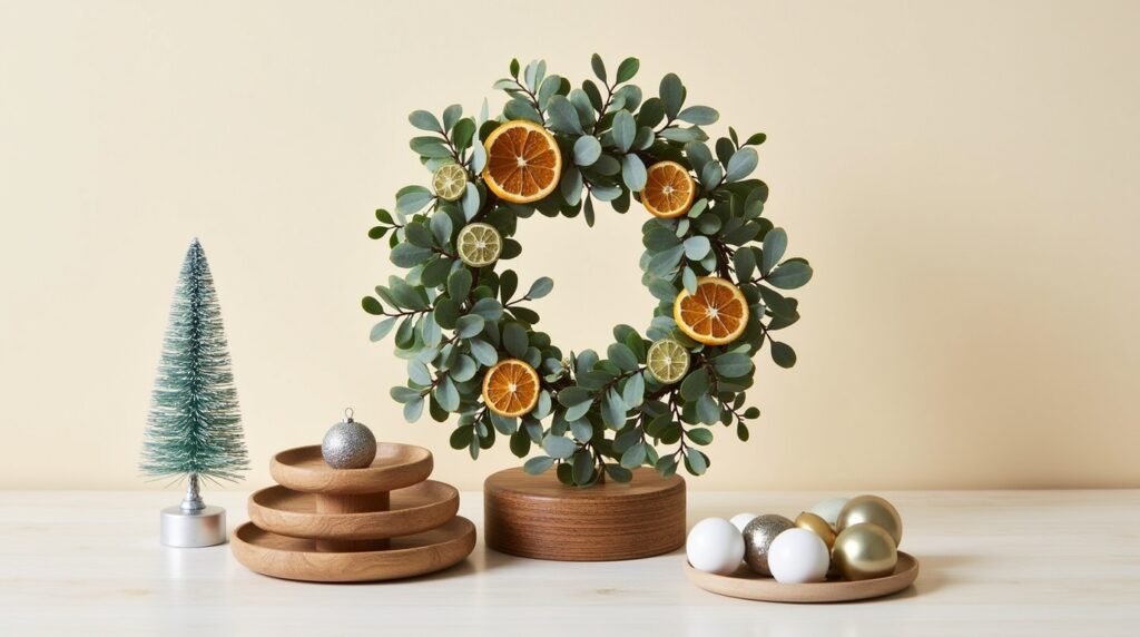 Minimalist holiday setup: eucalyptus wreath with dried citrus, neutral ornaments on a tiered tray, and a tabletop faux tree.