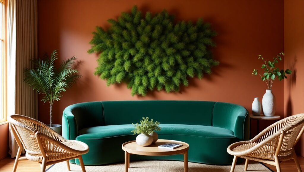 Trendy living room with curved velvet sofa, terracotta walls, moss art, and rattan chairs. Include stone-textured vases.