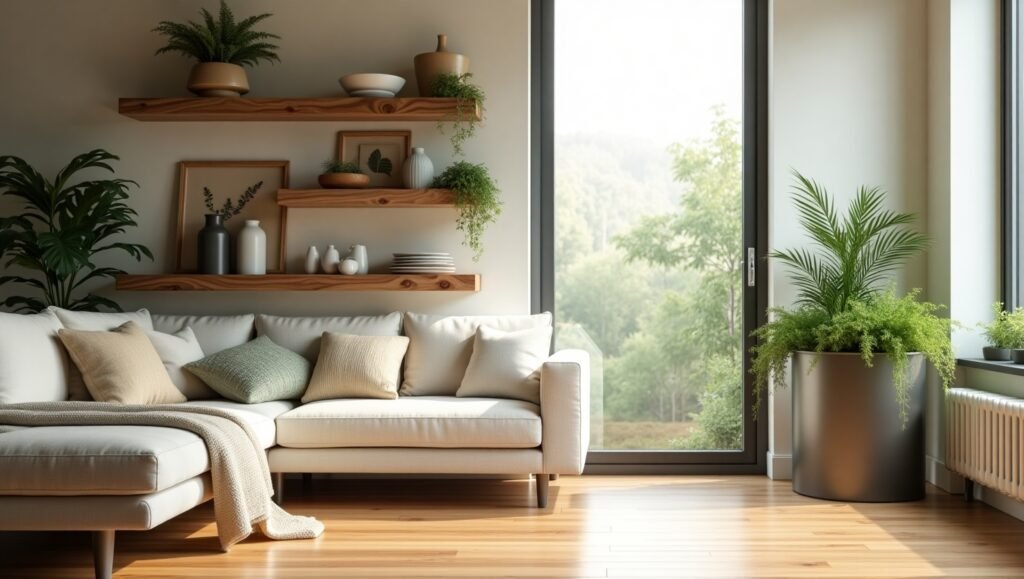 Modern living room with bamboo flooring, reclaimed wood shelves, organic cotton throws, and a recycling bin filled with plants.