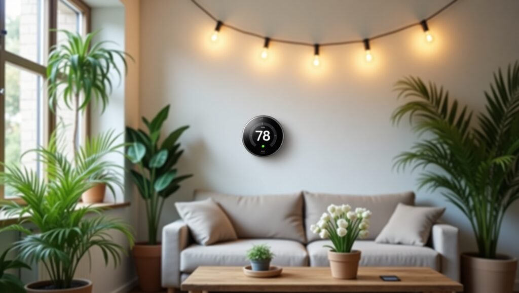 Smart home setup: LED bulbs, solar garden lights, and a Nest thermostat on a wall. Include a plant-filled room in the background.