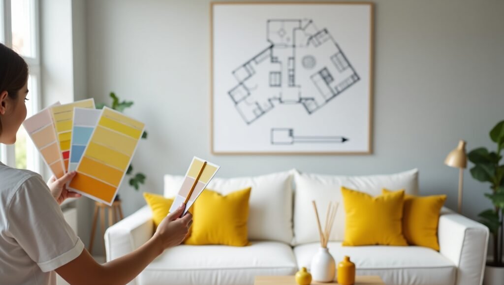 A bright, airy studio apartment with light grey walls, soft white furniture, and pops of mustard yellow (pillows, vase). Show a person holding paint swatches and a measuring tape, contemplating decor choices. Include a floor plan sketch on the wall.