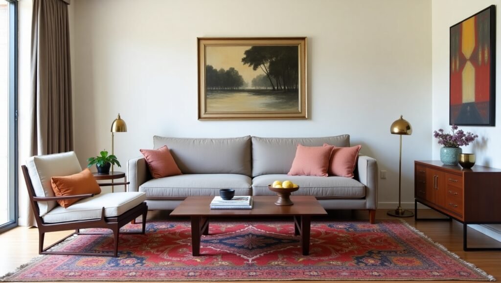 A living room blending a sleek modern sofa (clean lines, neutral fabric) with a vintage Persian rug (rich reds, intricate patterns) and a mid-century side table. Include brass lamps and abstract art to unify the styles.