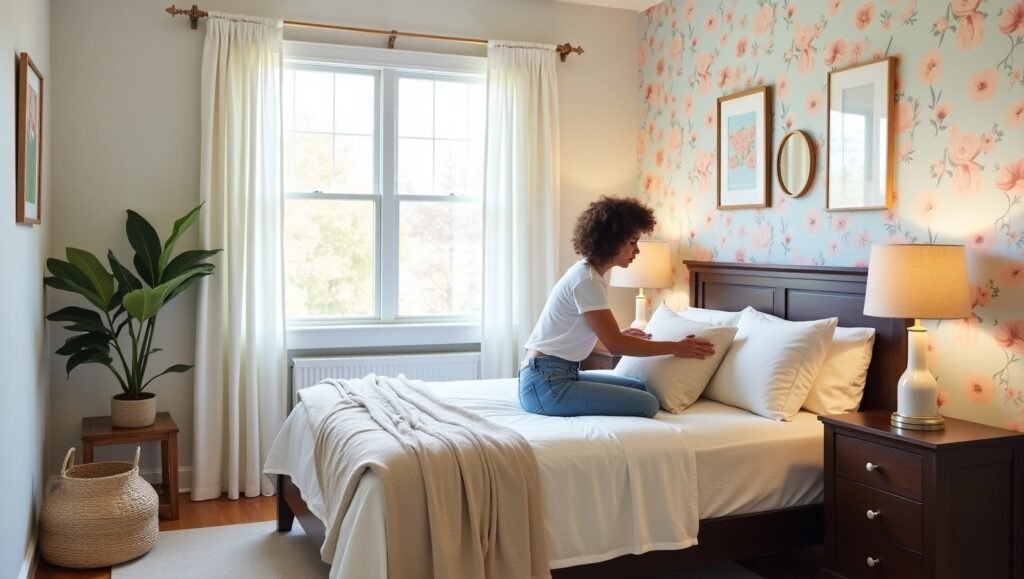 A rental-friendly bedroom with removable floral wallpaper, tension-rod curtains, and command-hook-mounted art. Show a person arranging portable decor (plants, lamps, woven baskets).
