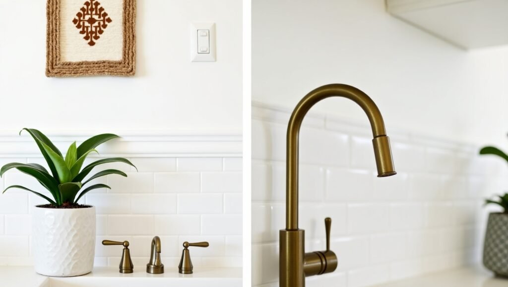 A close-up vignette of overlooked essentials: layered rugs (jute + patterned), a snake plant in a ceramic pot, and cohesive brass hardware (cabinet knobs, faucet). Include a dimmer switch on the wall.
