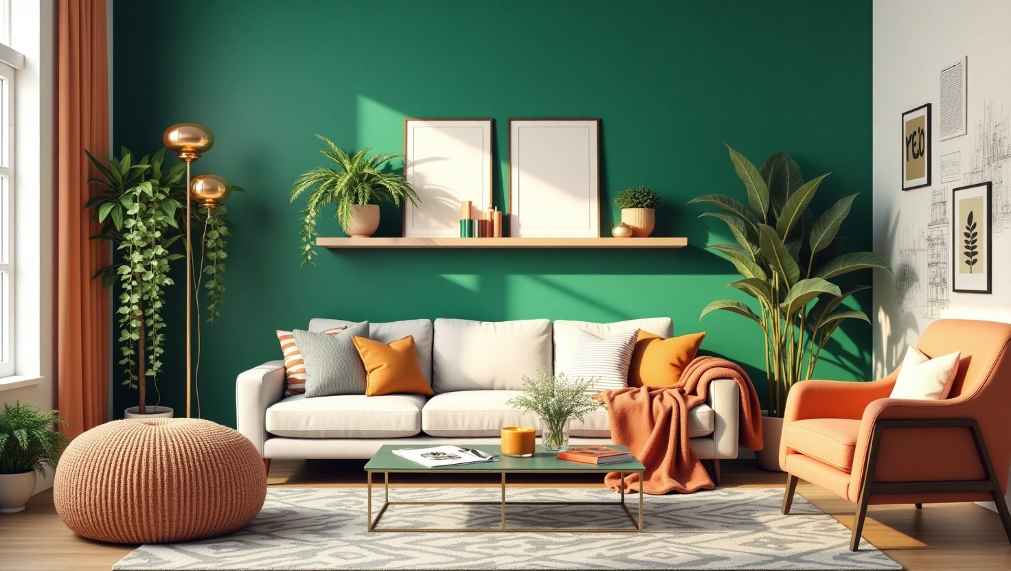 a vibrant, aspirational collage-style illustration of a modern, eclectic living space that embodies 75 genius home decor ideas