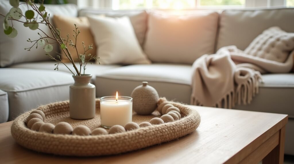 A styled coffee table vignette featuring a jute tray with a candle, ceramic bead garland, and a small sculptural object. Background shows part of a linen couch and a cozy throw. Earthy, boho-chic tones with natural wood and soft textures. Daylight streaming in through a nearby window.