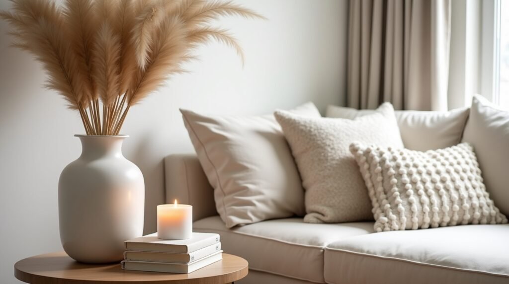 Modern living room corner with a cozy neutral palette. A tall ceramic vase with dried pampas grass on a wooden side table, a stack of coffee table books, a warm candle glowing softly, and textured pillows on a minimalist couch in the background. Soft natural lighting, Scandinavian-boho decor vibe, clean aesthetic, cozy and inviting atmosphere.