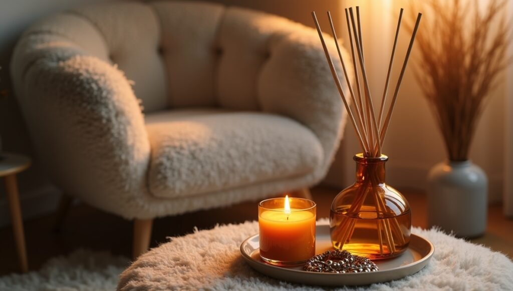 A close-up shot of a cozy decor corner: a burning soy candle, a reed diffuser in an amber bottle, and a small ceramic dish with jewelry. Background includes soft-focus of a boucle chair and part of a fluffy rug. Warm, golden hour lighting with an inviting, calm mood.