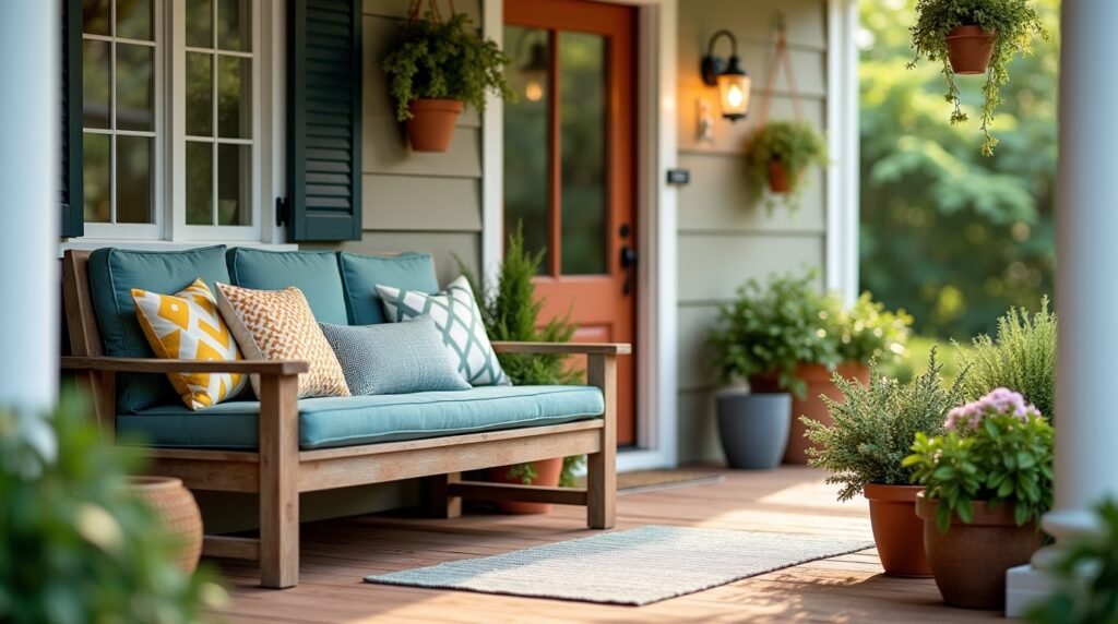 welcoming summer front porch with a rustic wooden bench, colorful throw pillows, and a variety of potted plants. The setting should look cozy and inviting, with soft lighting in the background. The porch should have a comfortable feel, with touches of nature, like hanging plants or a small garden. The mood should evoke relaxation and peaceful outdoor living.