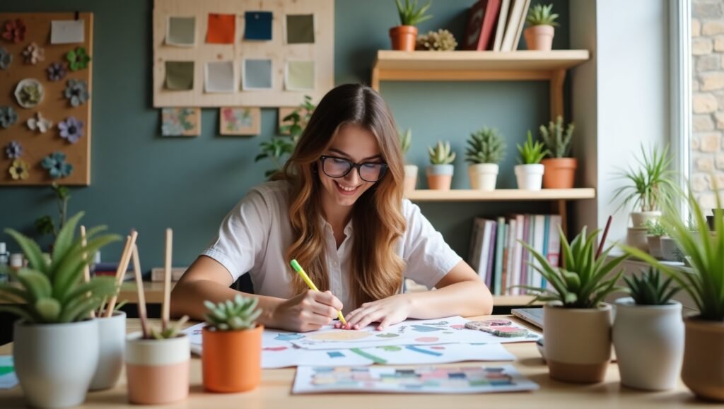 Personalized space, sustainability, creativity, mental well-being, A person (gender-neutral) happily crafting at a desk, surrounded by thrifted decor, painted plant pots, and a mood board with pinned fabric swatches and paint samples. Include a recycled wood shelf with plants in upcycled jars.