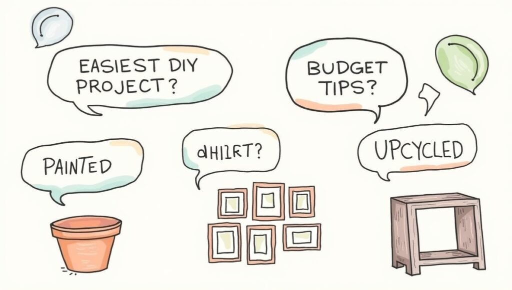 A collage-style image with floating text bubbles asking questions like “Easiest DIY project?” and “Budget tips?”, paired with visuals: a painted pot, thrifted frame gallery wall, and upcycled furniture, DIY FAQs, beginner-friendly, budget hacks.