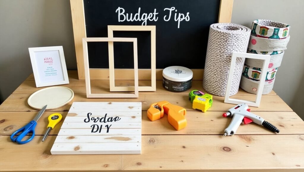Affordable materials, thrifted decor, eco-friendly DIY, A rustic wooden table with basic DIY tools (scissors, glue gun, measuring tape), recycled wood planks, dollar-store frames, and thrifted fabric rolls. Add a chalkboard listing “Budget Tips” in the background.