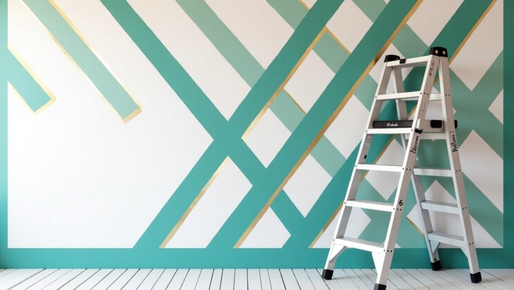 A geometric accent wall in teal and gold, created with painter’s tape and a ladder leaning against it, Creative wall art, removable wallpaper, functional decor.