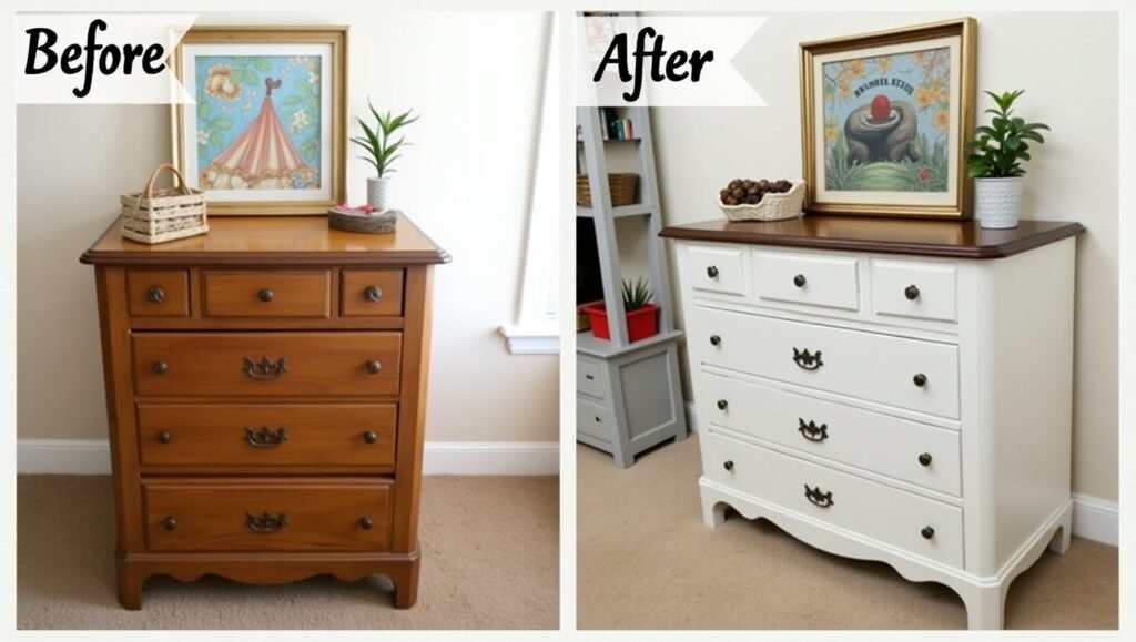 Rustic-meets-modern with visible brushstrokes, A before-and-after scene: on the left, a dull wooden dresser; on the right, the same dresser upcycled with chalk paint and decorative knobs. Include a pallet coffee table and IKEA hack shelf in the background.