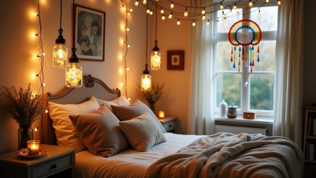 A cozy bedroom corner with mason jar pendant lights, fairy lights twinkling over a bed, and homemade candles in vintage teacups. Add a suncatcher casting rainbow reflections, DIY lighting hacks, mood-setting, eco-friendly ambiance.