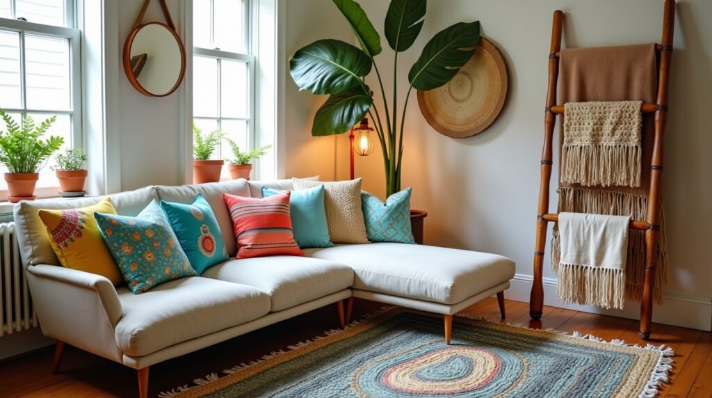 A boho living area with no-sew throw pillows (bold patterns), a braided rug from old T-shirts, and a DIY blanket ladder draped with macramé throws. Style: Textured, layered, and inviting, Budget-friendly textiles, upcycled fabrics, cozy vibes.