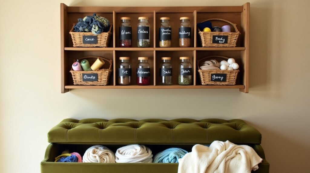 A wall-mounted shoe organizer repurposed as craft storage, mason jar spice racks, and a hidden storage ottoman with blankets peeking out. Include labels and woven baskets, Repurposed storage, clutter-free, renter-friendly solutions.