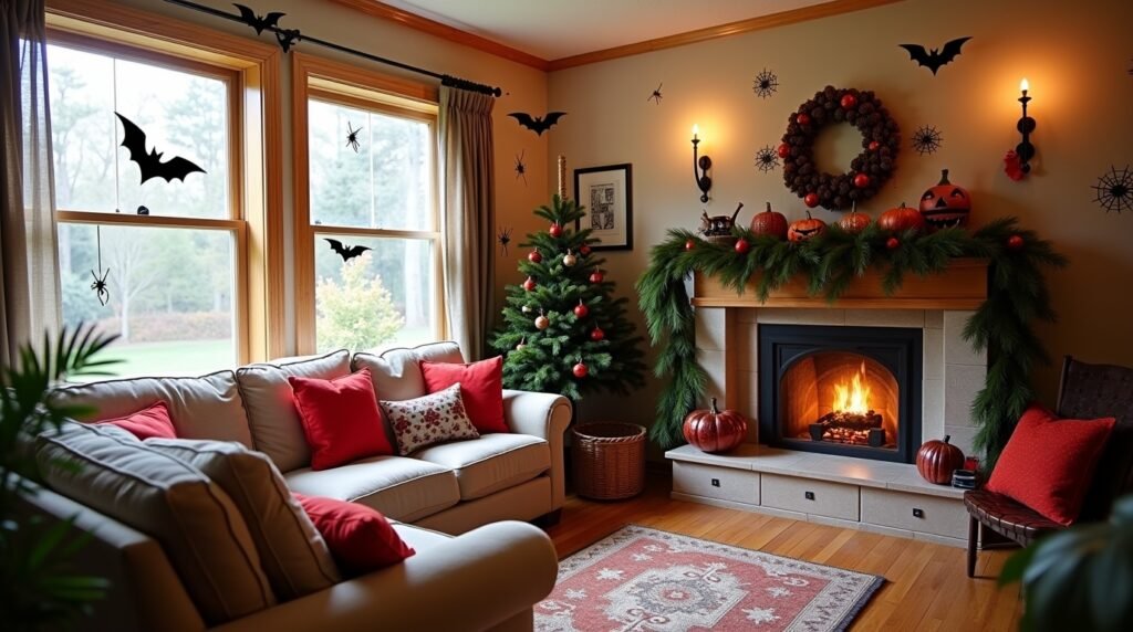 A room transitioning from Halloween (paper bats, black decals) to Christmas (pinecone garland, red pillows) using removable hooks and temporary wallpaper, Seasonal decor, renter-friendly, budget-friendly swaps.