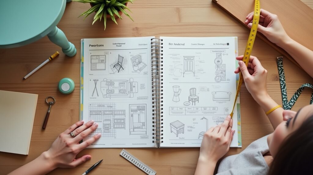 A crafting planner open to sketches and budgets, alongside a half-painted chair and tools. Include a cheerful person measuring wood with a tape, DIY planning, avoiding mistakes, beginner-friendly tips