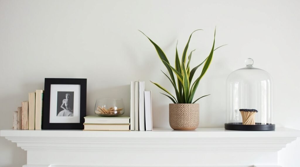 A beautifully styled open shelf with a balanced vignette: decorative books stacked, a small plant in a textured pot, a modern black and white photo frame, and a glass dome with matches. Clean, organized layout. Scandinavian decor style with warm minimalist aesthetics.