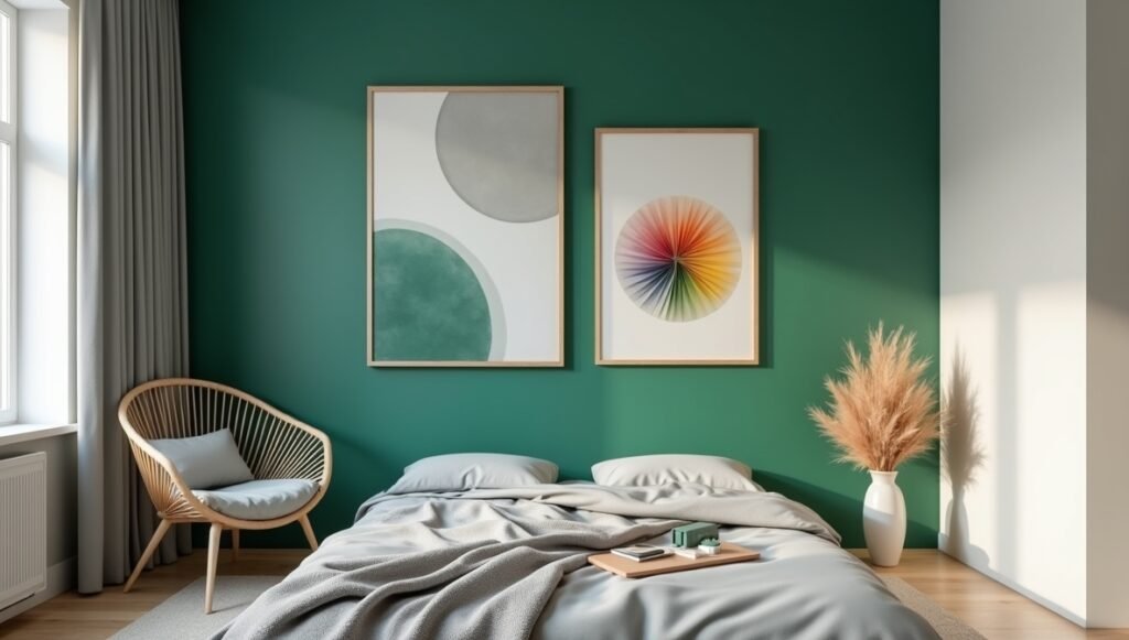 A serene bedroom with a monochromatic grey palette, emerald-green accent wall, rattan chair, and abstract art. Include a color wheel floating in the corner.