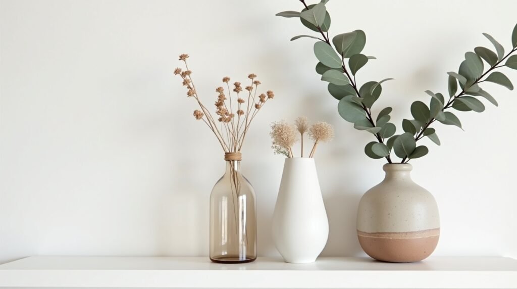 A trio of vases in different shapes and heights on a white shelf. One is glass, one is matte ceramic, and one is a rustic clay style. Styled with eucalyptus branches and dried florals. Neutral color scheme with soft lighting. Modern, minimalist decor with a cozy touch.