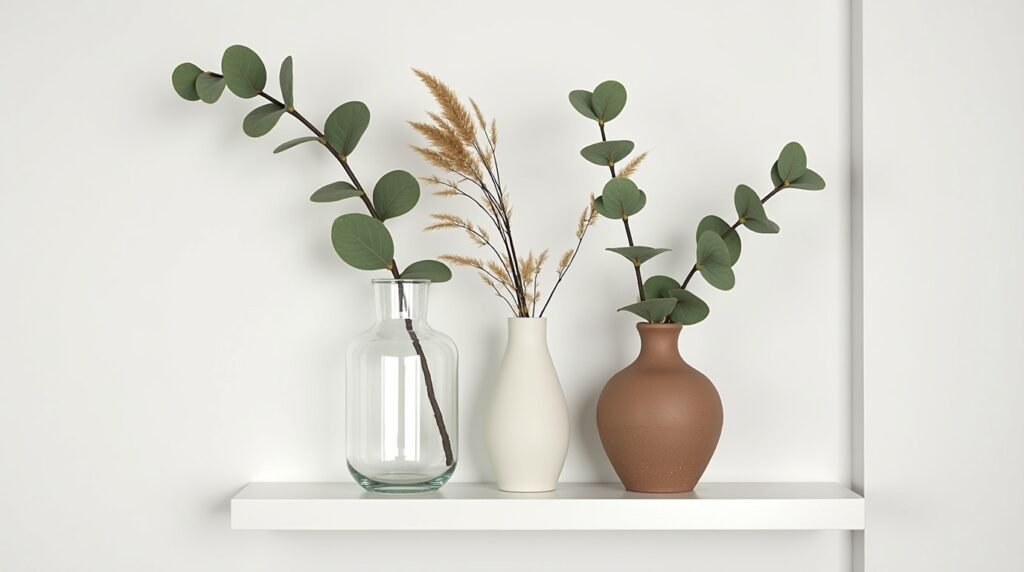 A trio of vases in different shapes and heights on a white shelf. One is glass, one is matte ceramic, and one is a rustic clay style. Styled with eucalyptus branches and dried florals. Neutral color scheme with soft lighting. Modern, minimalist decor with a cozy touch.