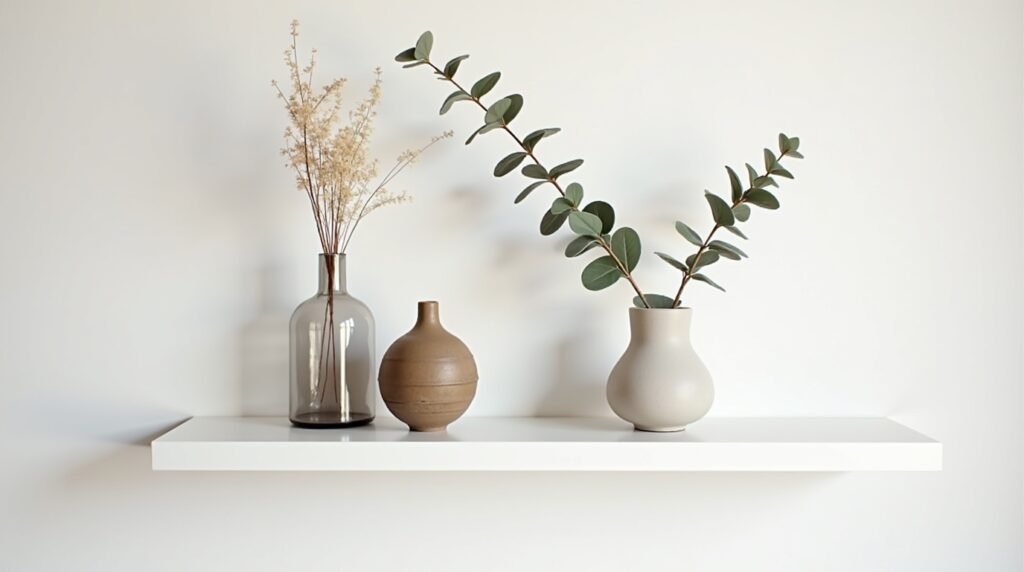 A trio of vases in different shapes and heights on a white shelf. One is glass, one is matte ceramic, and one is a rustic clay style. Styled with eucalyptus branches and dried florals. Neutral color scheme with soft lighting. Modern, minimalist decor with a cozy touch.