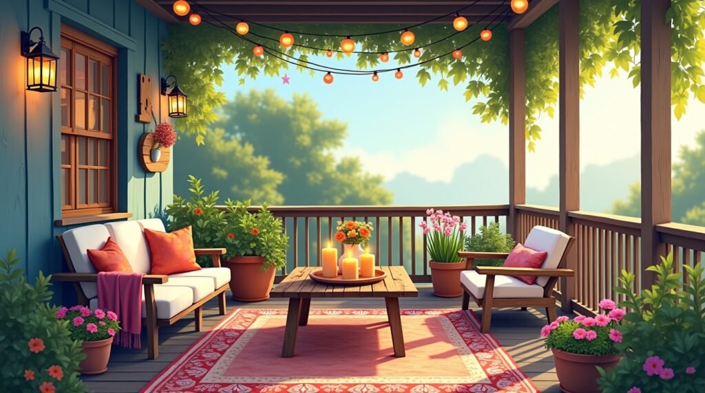 beautifully decorated summer porch with vibrant hanging lights, a rustic wooden table with candles, potted plants, and vibrant flowers. Add a colorful rug beneath the furniture, and create a cozy corner with throw blankets. The setting should have an inviting ambiance with gentle lighting and natural elements, emphasizing style and comfort.