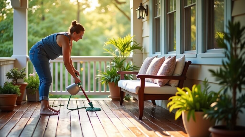 a well-maintained summer porch with a person cleaning the wooden floor, wiping down furniture, and watering plants. Include a cozy bench with fresh cushions, a neat potted plant setup, and a hose nearby for washing down surfaces. The image should suggest upkeep, care, and attention to detail for maintaining a beautiful outdoor space.