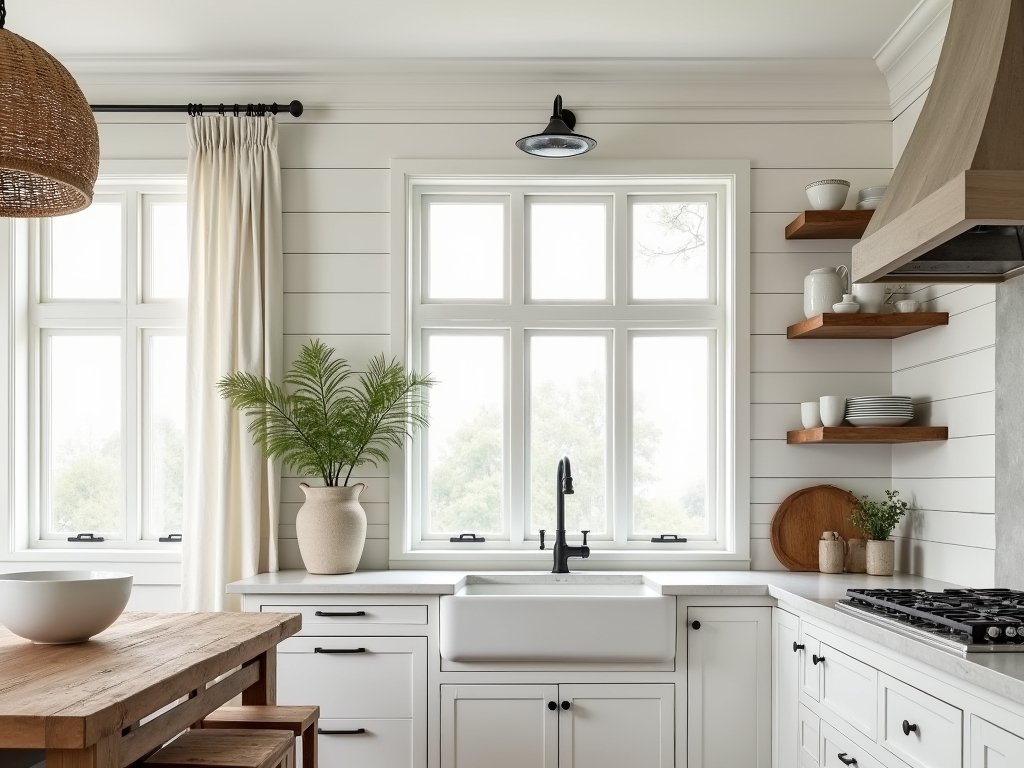 Airy coastal kitchen with shiplap walls, linen curtains, and open shelving displaying ceramic bowls under a rope-wrapped pendant light. Light-filled, minimalist design with natural wood finishes.