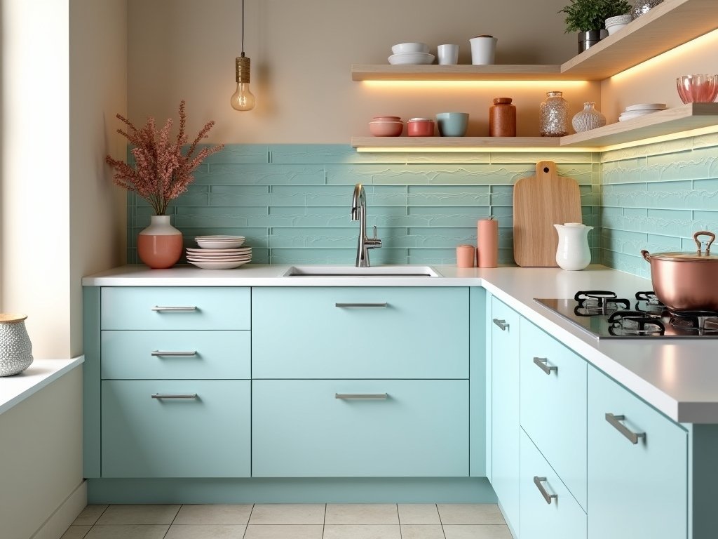 Pale blue kitchen cabinets with aqua-tiled backsplash and coral-accented dishware. Serene coastal color palette blending ice blue, white, and warm beige tones.
