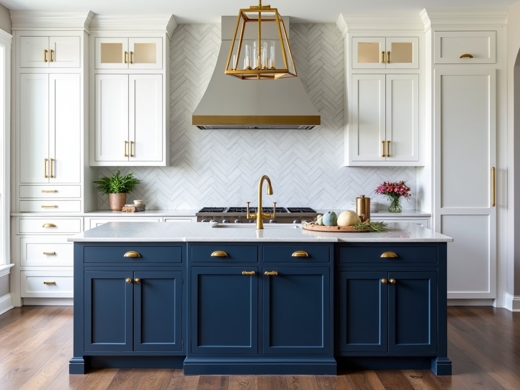 Sophisticated coastal kitchen with navy blue island, gold fixtures, and marble herringbone backsplash. Timeless nautical elegance in navy, white, and brass.