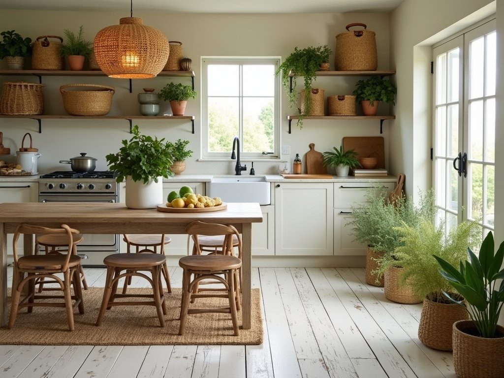 Relaxed coastal kitchen featuring a large jute rug under a farmhouse table, whitewashed hardwood floors, and woven baskets on open shelves. Earthy, neutral tones.