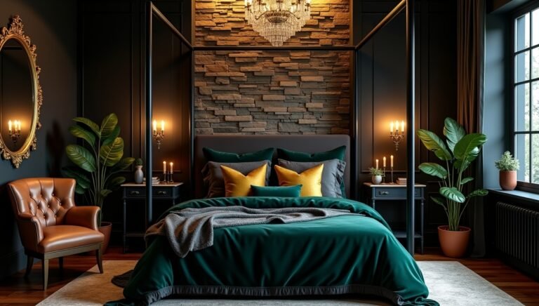 Luxurious dark and moody bedroom with four-poster bed, emerald velvet drapes, stone cladding accent wall, and ambient brass lighting | Sophisticated cozy interior design ideas