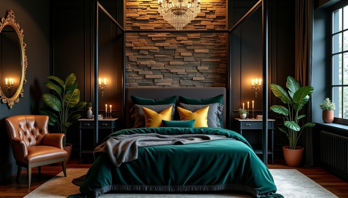 Luxurious dark and moody bedroom with four-poster bed, emerald velvet drapes, stone cladding accent wall, and ambient brass lighting | Sophisticated cozy interior design ideas