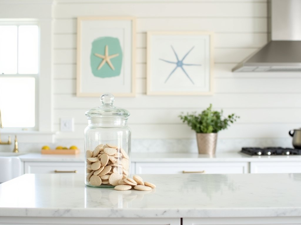 Minimalist coastal kitchen with glass jar filled with sand dollars, framed starfish art on shiplap walls. Subtle seashell decor in ivory and taupe tones.