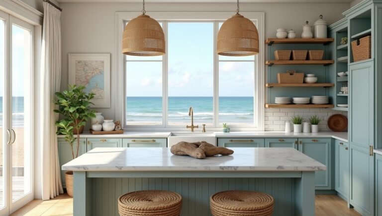 Sunlit coastal kitchen with soft blue cabinets, white quartz countertops, and woven rattan bar stools overlooking a serene beach. Natural textures and nautical accents for a relaxed, airy vibe.